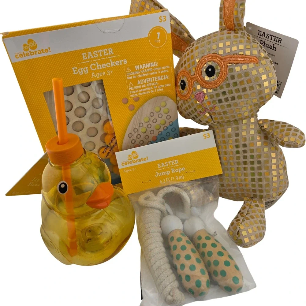 Easter Basket Stuffer Lot 4pc‎ Bunny Plush Jump Rope Egg Checkers Light Cup